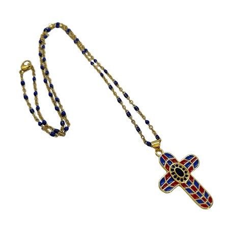 necklace steel gold chain blue beads with cross metal blue and red2